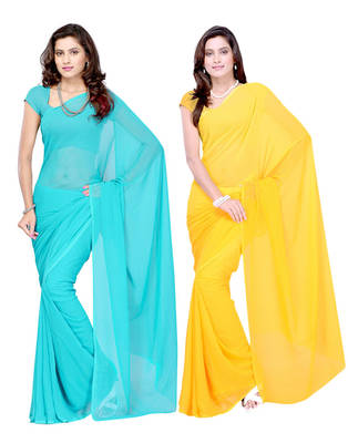 Blue and Yellow plain georgette saree with blouse 1