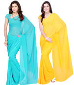Blue and Yellow plain georgette saree with blouse