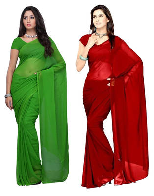 Green and Red plain georgette saree with blouse 1