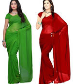 Green and Red plain georgette saree with blouse
