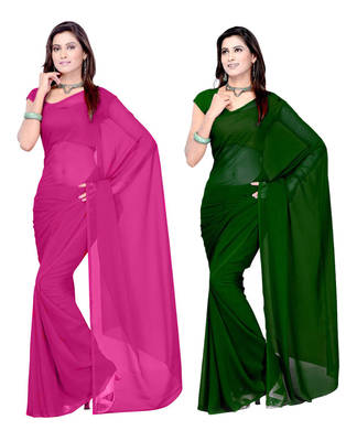 Pink and Green plain georgette saree with blouse 1