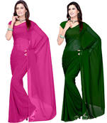 Pink and Green plain georgette saree with blouse