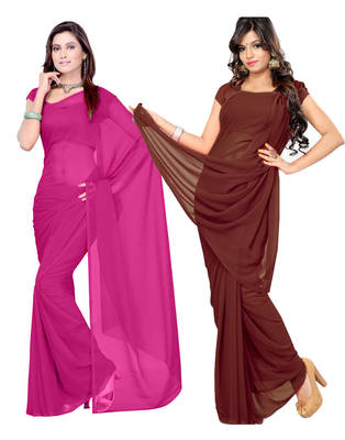 Pink and Brown plain georgette saree with blouse 1