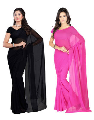 Black and Pink plain georgette saree with blouse 1