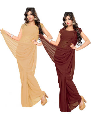 Beige and Brown plain georgette saree with blouse 1