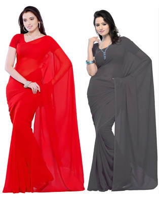 Red and Grey plain georgette saree with blouse 1