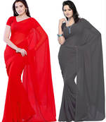 Red and Grey plain georgette saree with blouse