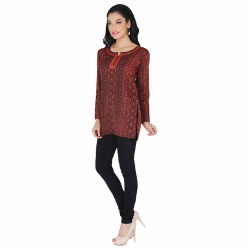 Black and orange american crepe printed stitched kurti