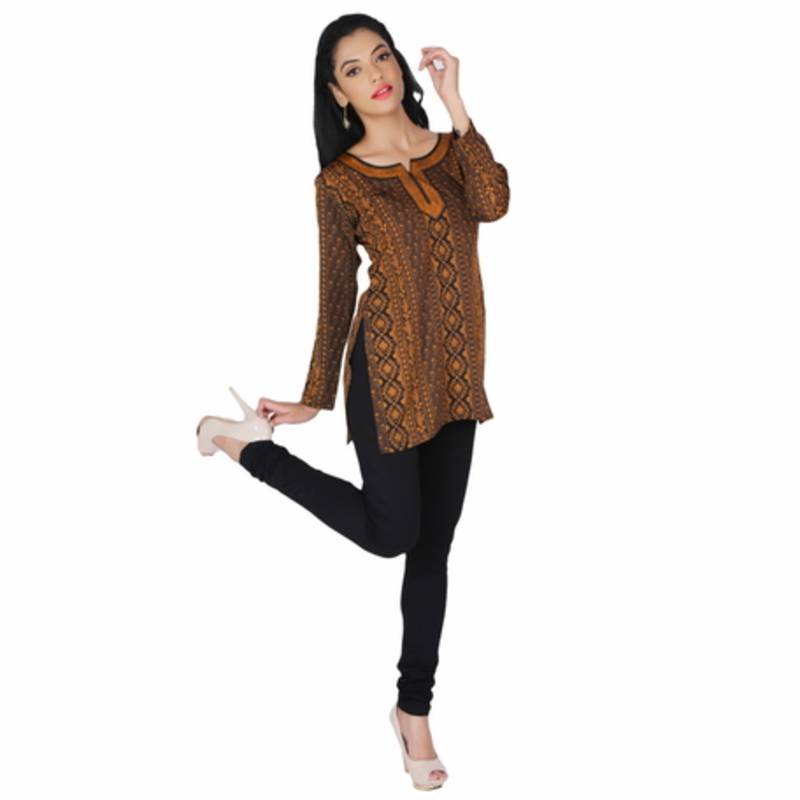 Black and yellow american crepe printed stitched kurti