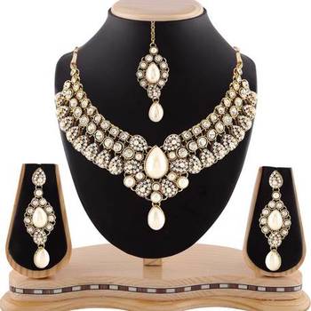 Exclusive Design Pearl Gold Finishing White Stone Necklace Set With Maang Tikka 1