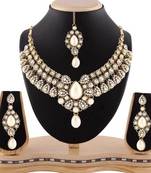Exclusive Design Pearl Gold Finishing White Stone Necklace Set With Maang Tikka