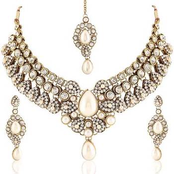 Exclusive Design Pearl Gold Finishing White Stone Necklace Set With Maang Tikka 2