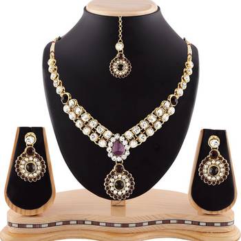 Attractive Design Gold Finishing Purple Austrian Stone Necklace Set With Maang Tikka 1