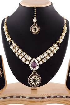Attractive Design Gold Finishing Purple Austrian Stone Necklace Set With Maang Tikka