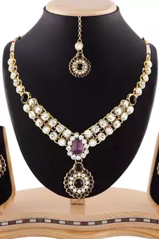 Attractive Design Gold Finishing Purple Austrian Stone Necklace Set With Maang Tikka
