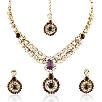 Attractive Design Gold Finishing Purple Austrian Stone Necklace Set With Maang Tikka 2