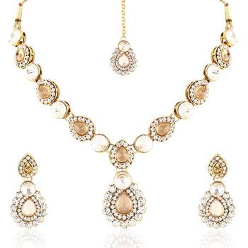 Gracefull Design Austrian Stone Gold Finishing Necklace Set With Maang Tikka 2