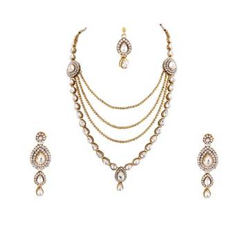 Auatrian Stone Four Layer Gold Finishing Party Wear Necklace Set With Maang Tikka 2