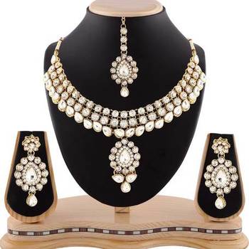 Wedding Wear Austrian Stone Gold Finishing Necklace Set With Maang Tikka 1