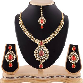 Red Austrian Stone Exclusive Design Gold Finishing Necklace Set With Maang Tikka 1