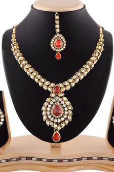 Red Austrian Stone Exclusive Design Gold Finishing Necklace Set With Maang Tikka