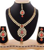 Red Austrian Stone Exclusive Design Gold Finishing Necklace Set With Maang Tikka