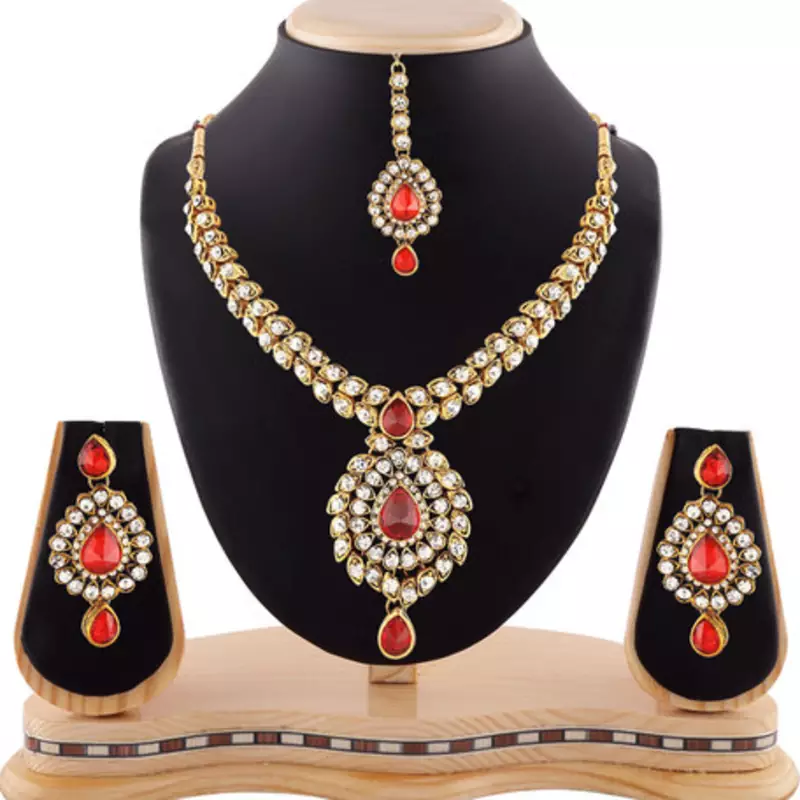 Red Austrian Stone Exclusive Design Gold Finishing Necklace Set With Maang Tikka