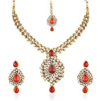 Red Austrian Stone Exclusive Design Gold Finishing Necklace Set With Maang Tikka 2