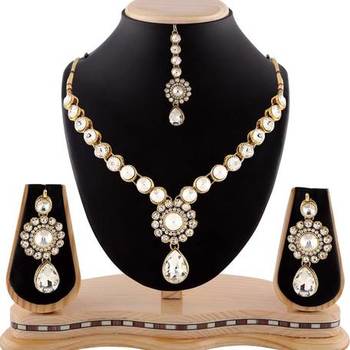White Stone Exotic Gold Finishing Necklace Set With Maang Tikka 1