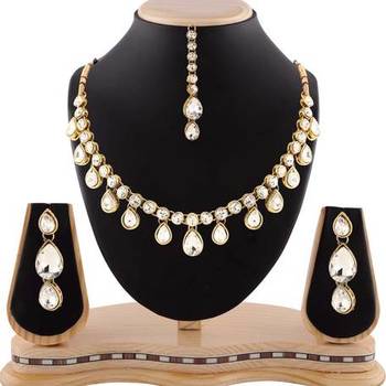 White Stone Classy Design Gold Finishing Necklace Set With Maang Tikka 1