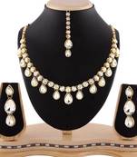 White Stone Classy Design Gold Finishing Necklace Set With Maang Tikka