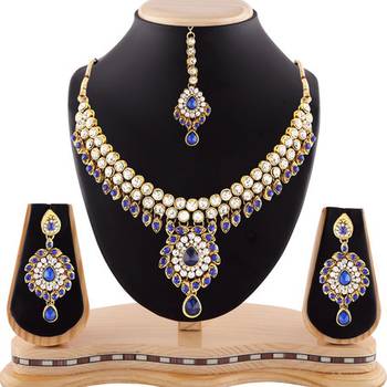 Exclusive Design Blue Austrian Stone Gold Finishing Necklace Set With Maang Tikka 1
