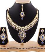 Exclusive Design Blue Austrian Stone Gold Finishing Necklace Set With Maang Tikka
