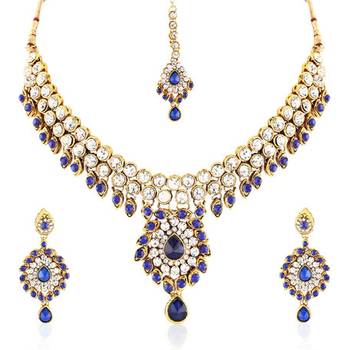 Exclusive Design Blue Austrian Stone Gold Finishing Necklace Set With Maang Tikka 2