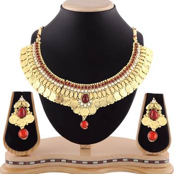 Traditional Maroon Stone Temple Jewellery Coin Necklace Set 1