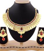 Traditional Maroon Stone Temple Jewellery Coin Necklace Set