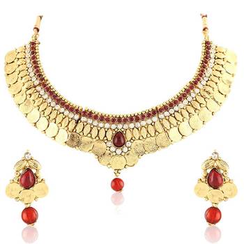 Traditional Maroon Stone Temple Jewellery Coin Necklace Set 2