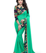Green Plain Saree With Floral Printed Border