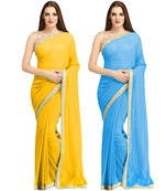 Yellow and Light Blue plain chiffon saree with blouse