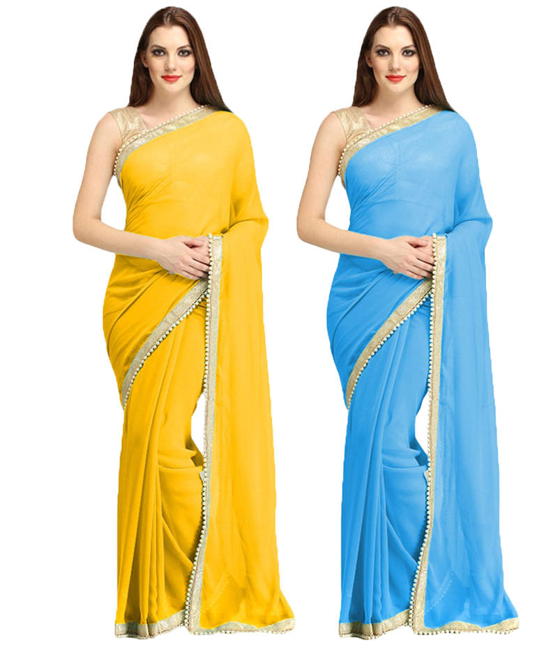 Yellow and Light Blue plain chiffon saree with blouse