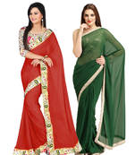 Red and DarkGreen plain Chiffon and bhagalpuri silk saree with blouse