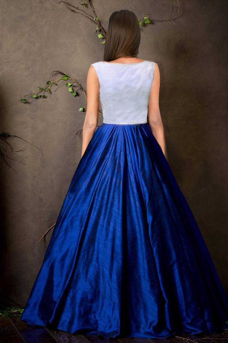 White And Blue Raw Silk,Round Net embroidered semi stitched party wear gown