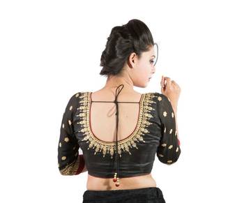 Black dupion silk blouse with maroon piping on the blouse and sleeves 1