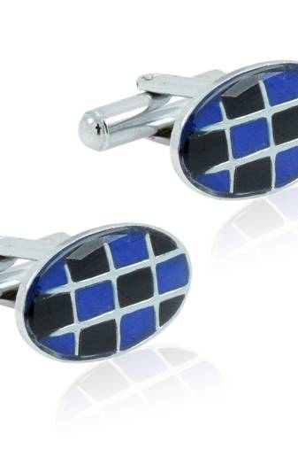 Oval blue black checks enamel rhodium plated cufflink for men