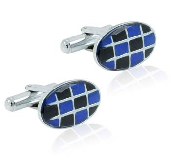 Oval blue black checks enamel rhodium plated cufflink for men 1