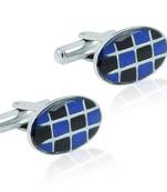 Oval blue black checks enamel rhodium plated cufflink for men