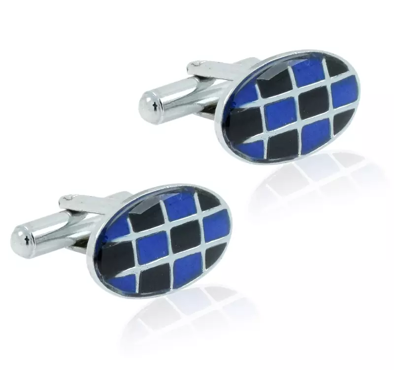 Oval blue black checks enamel rhodium plated cufflink for men