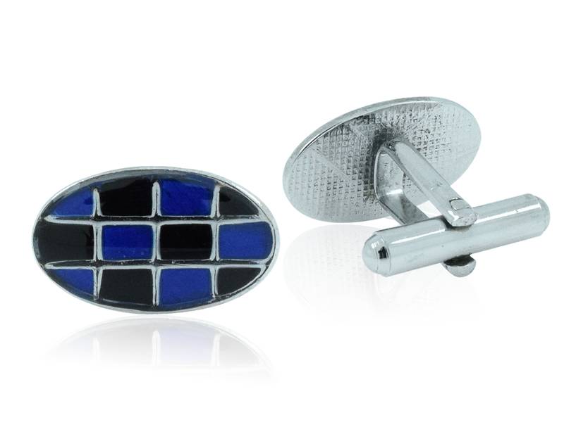 Oval blue black checks enamel rhodium plated cufflink for men