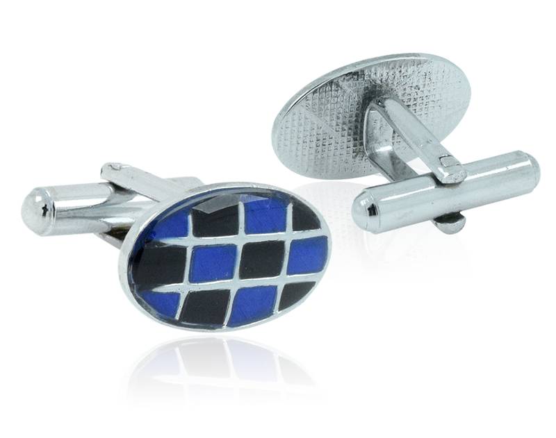 Oval blue black checks enamel rhodium plated cufflink for men