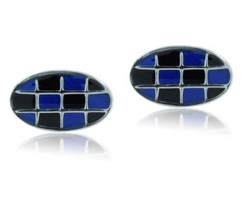 Oval blue black checks enamel rhodium plated cufflink for men 4